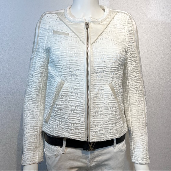 IRO • Kendall Jenner • Felicy Ivory Jacquard Silk Lamb Leather Trim Moto Jacket - Picture 5 of 16